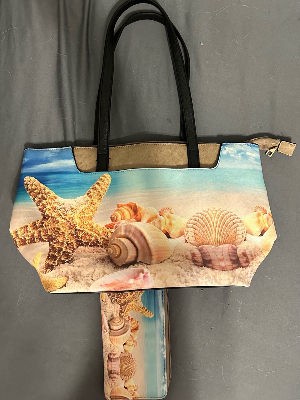 Source Unknown Seashell & Starfish Print Tote in Blue, Tan, Pink, Cream